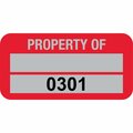 Lustre-Cal PROPERTY OF Label, 5 Alum Dark Red 1.50in x 0.75in  1 Blank Pad & Serialized 0301-0400, 100PK 253769Ma2Rd0301